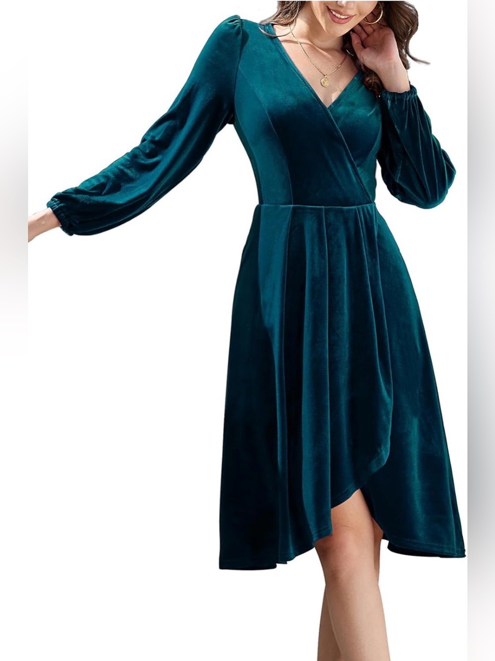 V-Neck Velvet Midi Dress in green